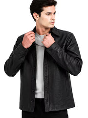 Men's black Sheepskin leather jacket, front view