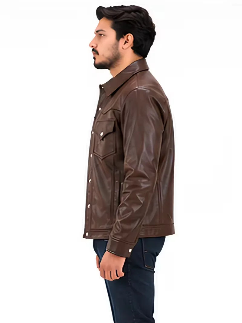 Men's black sheepskin leather shirt jacket, pocket detail