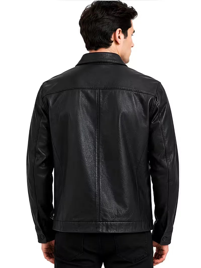 Men's black Sheepskin leather jacket, back view