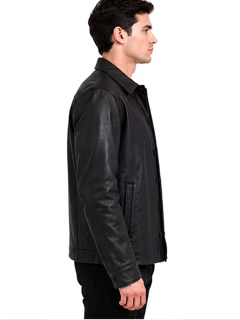 Men's black Sheepskin leather jacket, collar detail