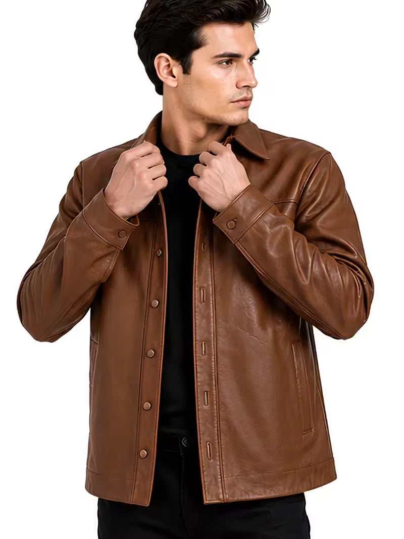Men's black Sheepskin leather jacket, zip and closure detail