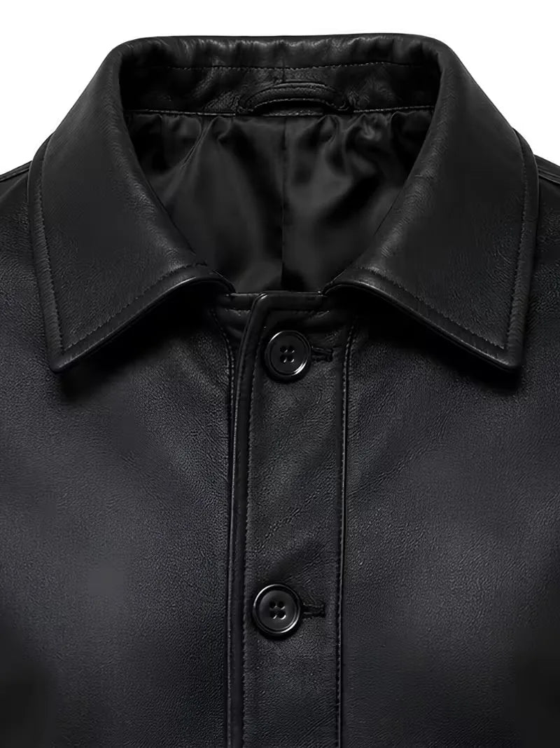 Men's black Sheepskin leather jacket, side view