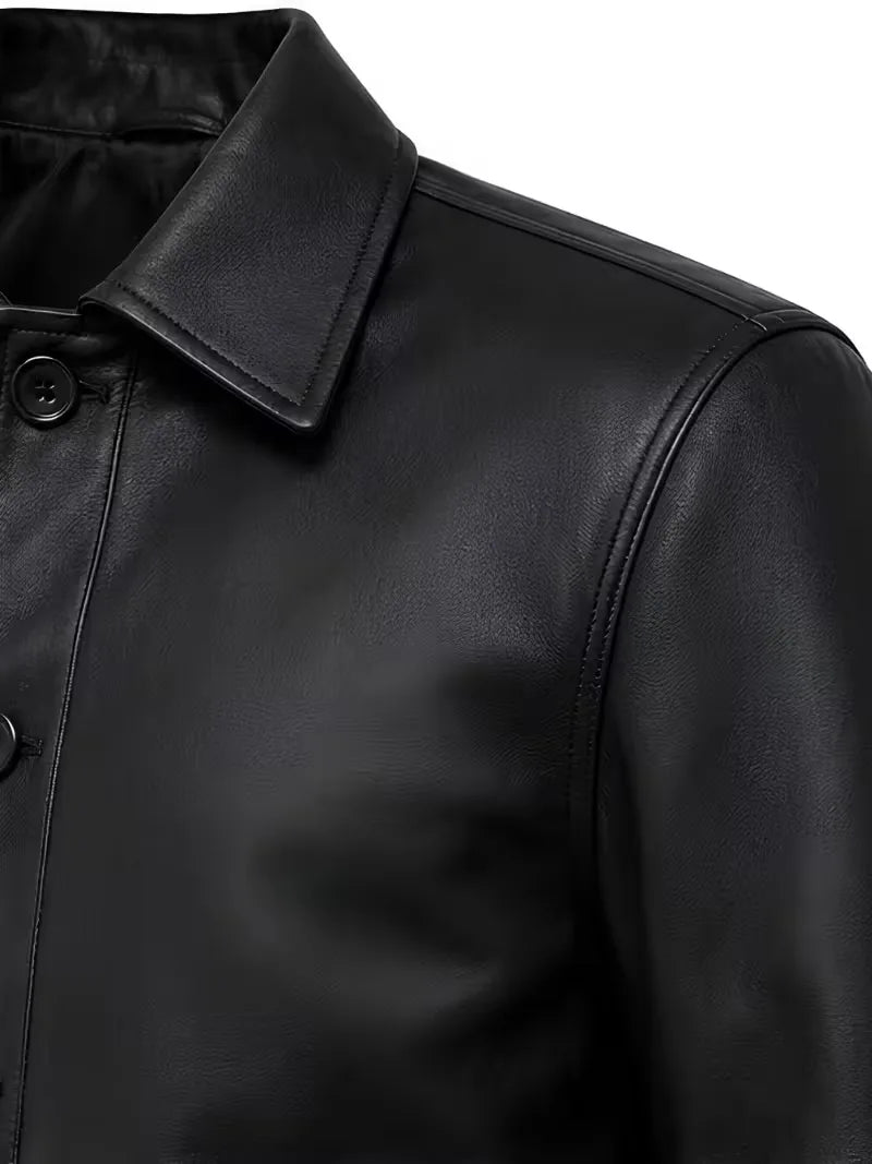 Men's black Sheepskin leather jacket, collar detail