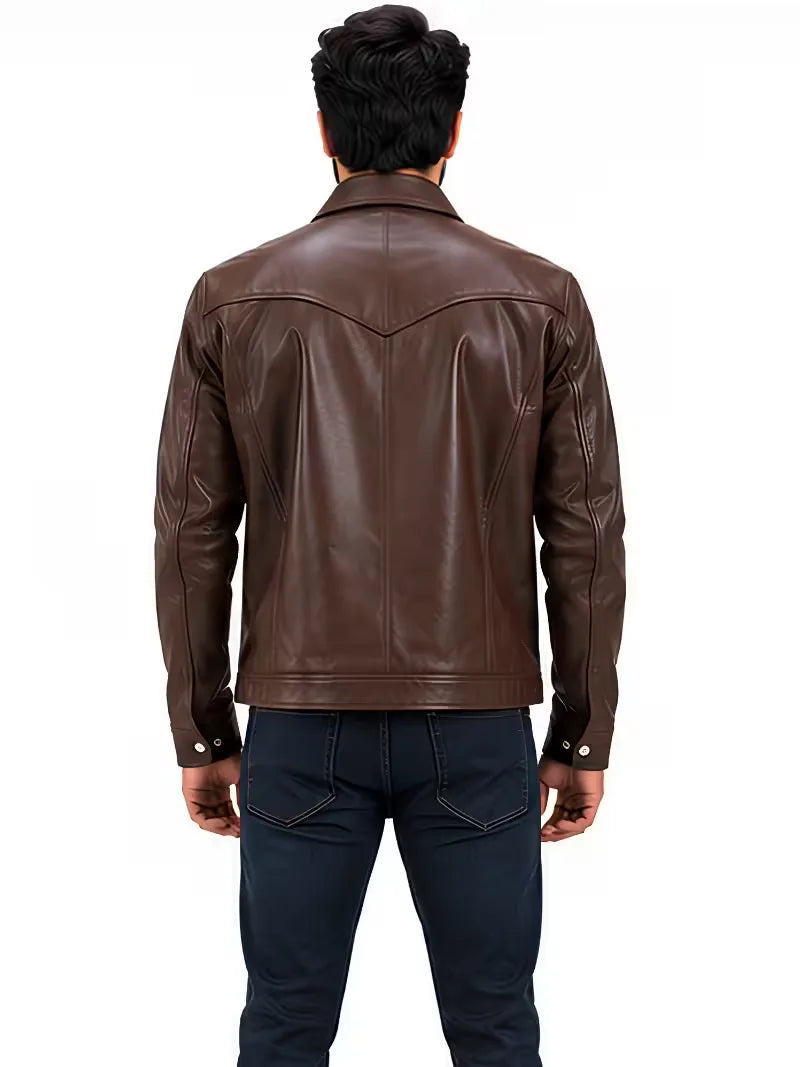 Men's black sheepskin leather shirt jacket, cuff detail