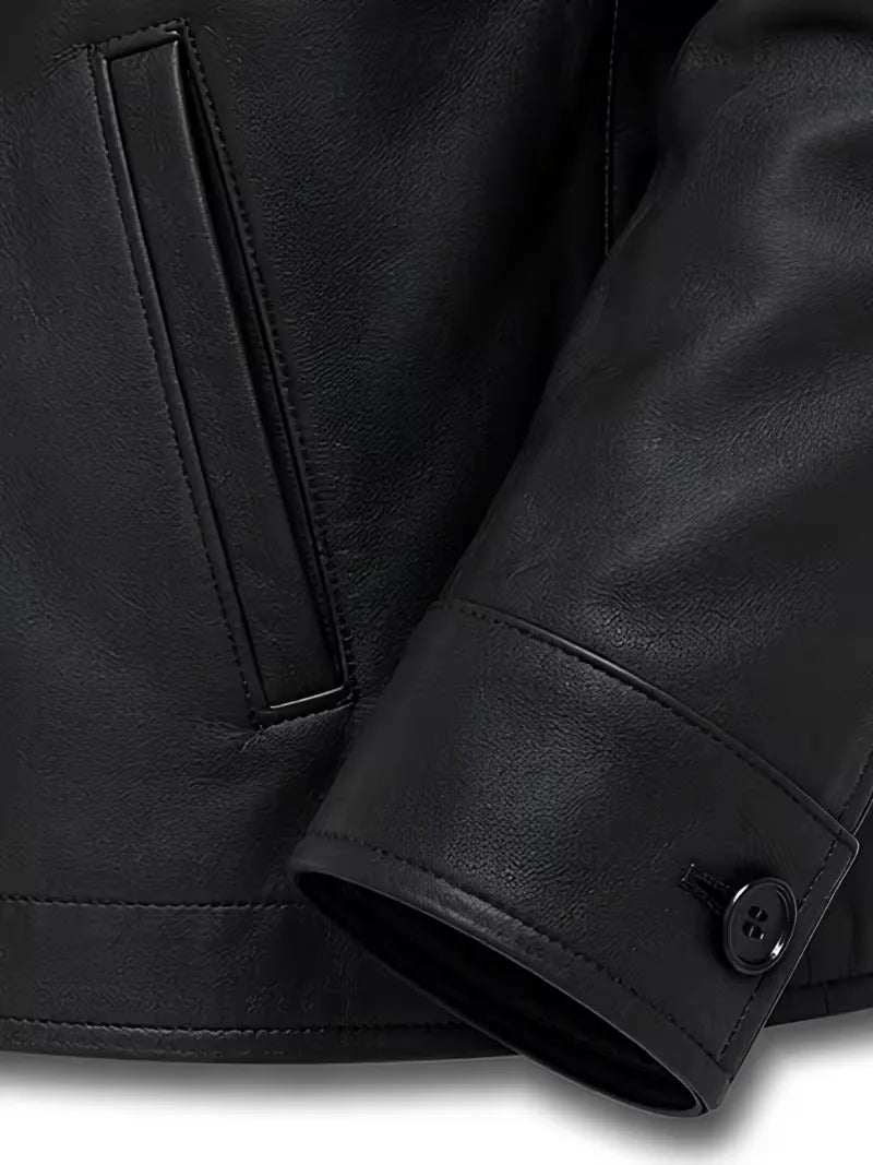 Men's black Sheepskin leather jacket, cuff detail