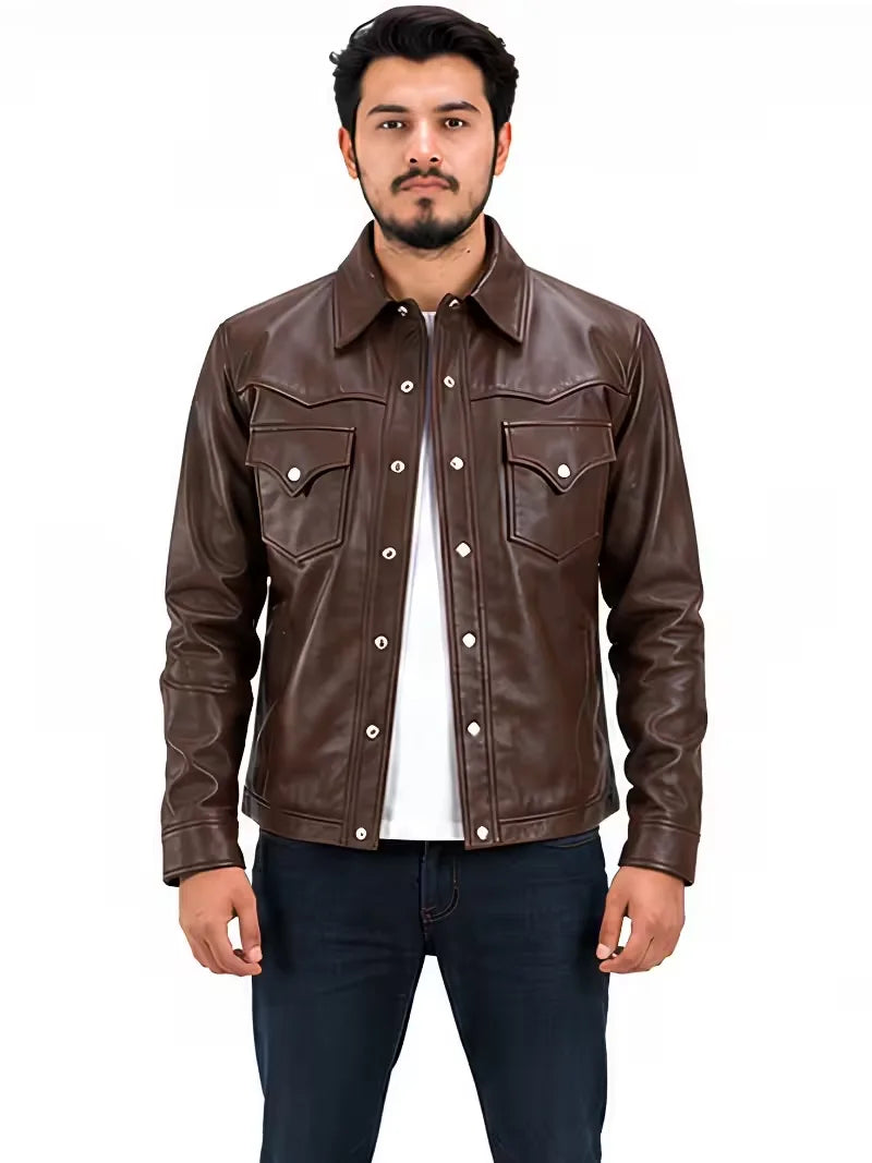 Men's black sheepskin leather shirt jacket, zip and closure detail