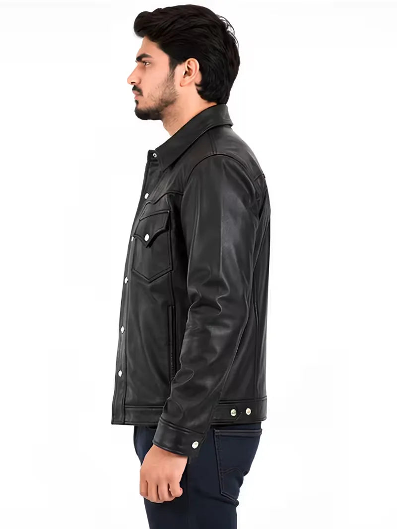 Men's black sheepskin leather shirt jacket, side view