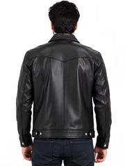 Men's black sheepskin leather shirt jacket, back view