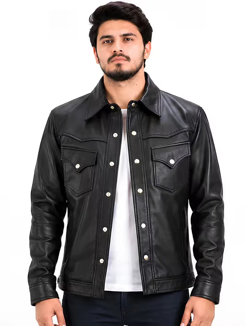 Men's black sheepskin leather shirt jacket, front view
