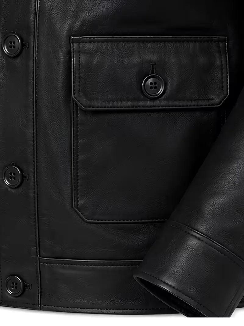 Men's black sheepskin leather shirt jacket, zip and closure detail