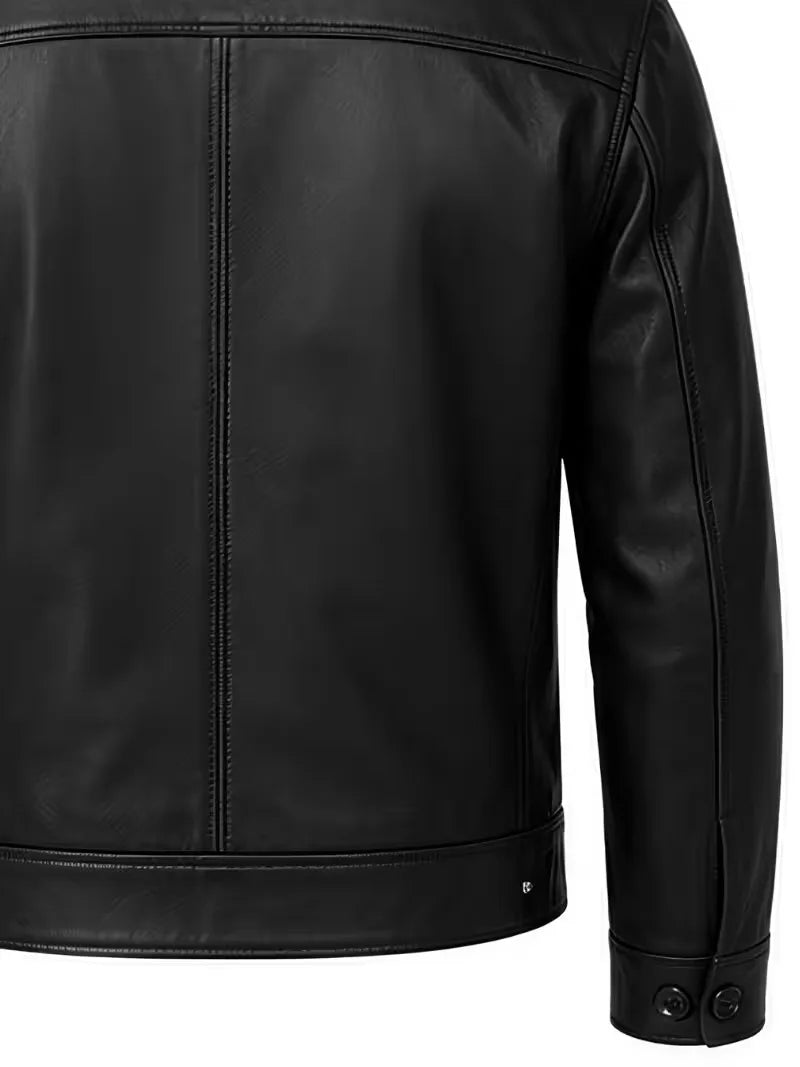 Men's black sheepskin leather shirt jacket, collar detail