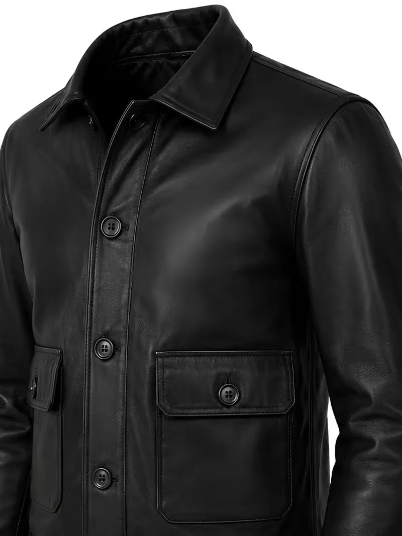 Men's black sheepskin leather shirt jacket, side view