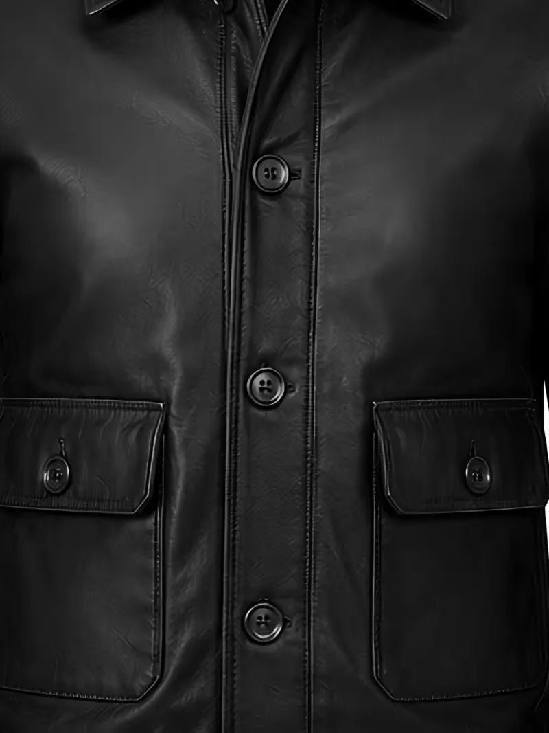 Men's black sheepskin leather shirt jacket, back view