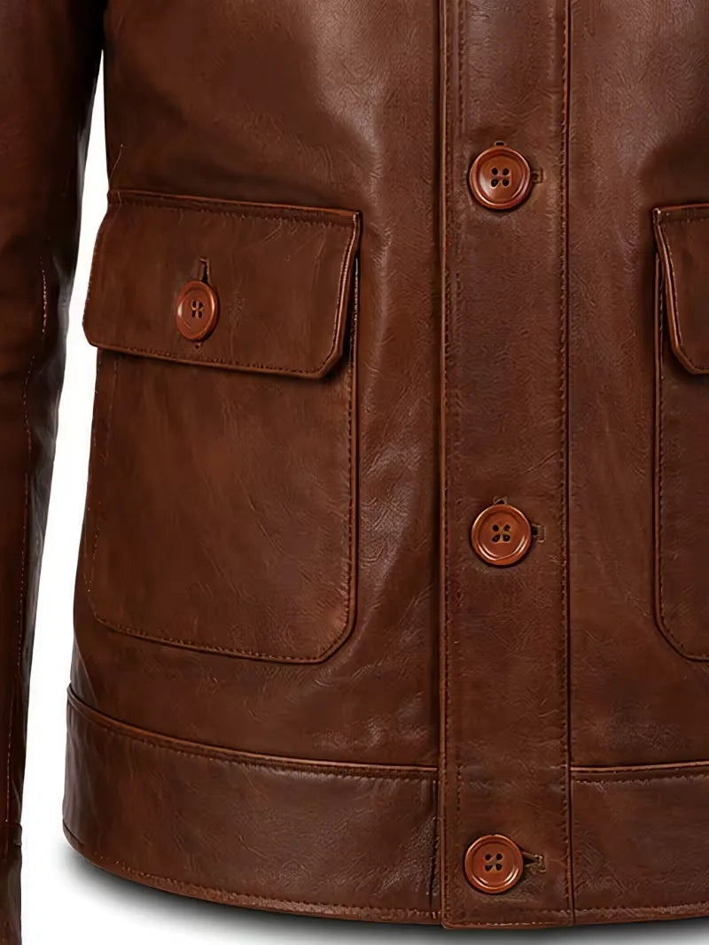 Men's black sheepskin leather shirt jacket, front view