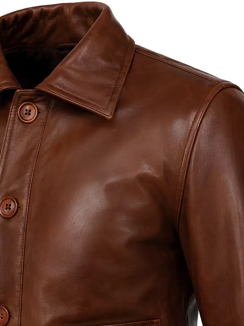 Men's black sheepskin leather shirt jacket, worn on model