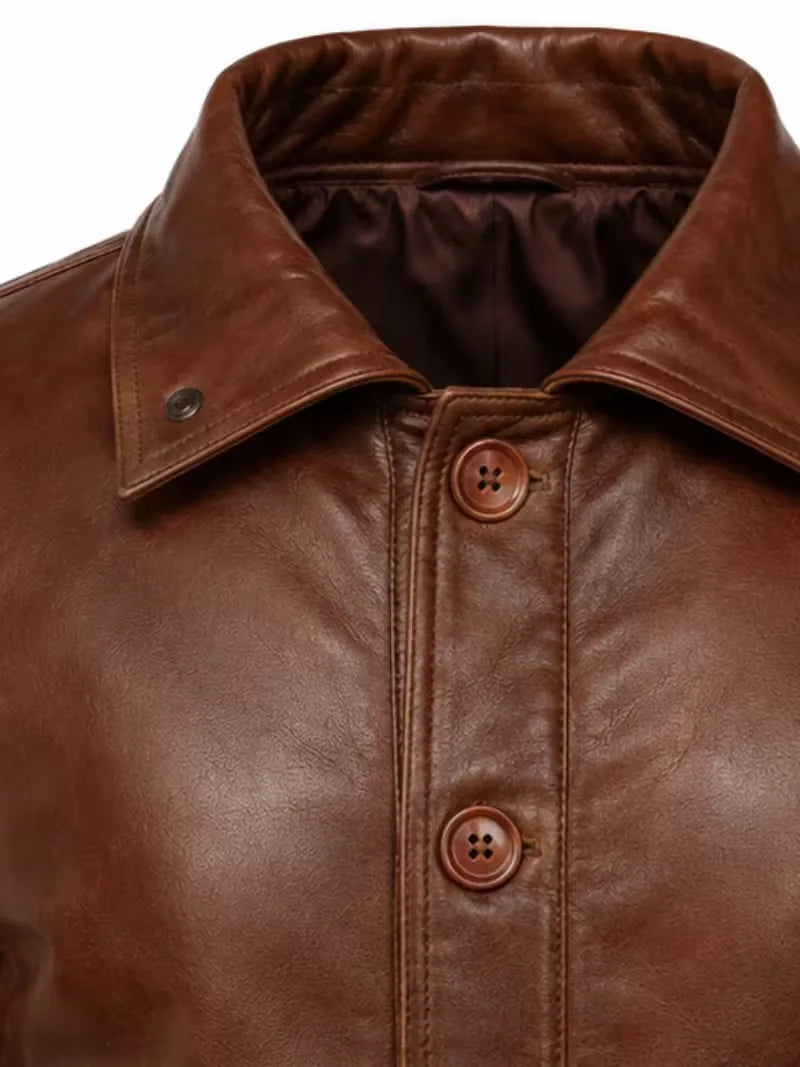 Men's black sheepskin leather shirt jacket, full length