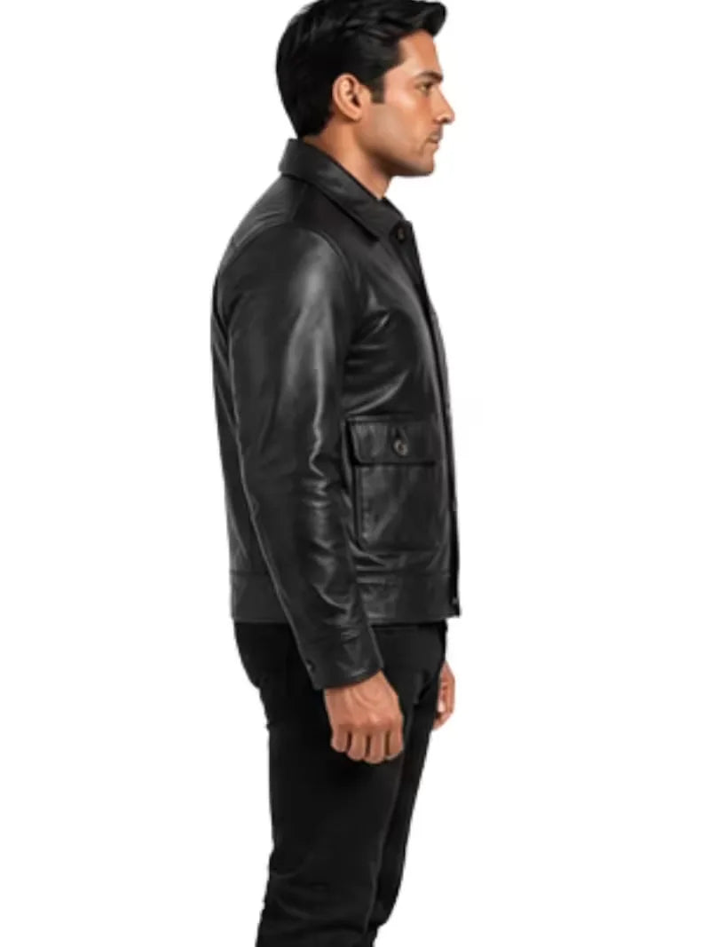 Men's black sheepskin leather shirt jacket, side view