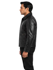 Men's black sheepskin leather shirt jacket, collar detail