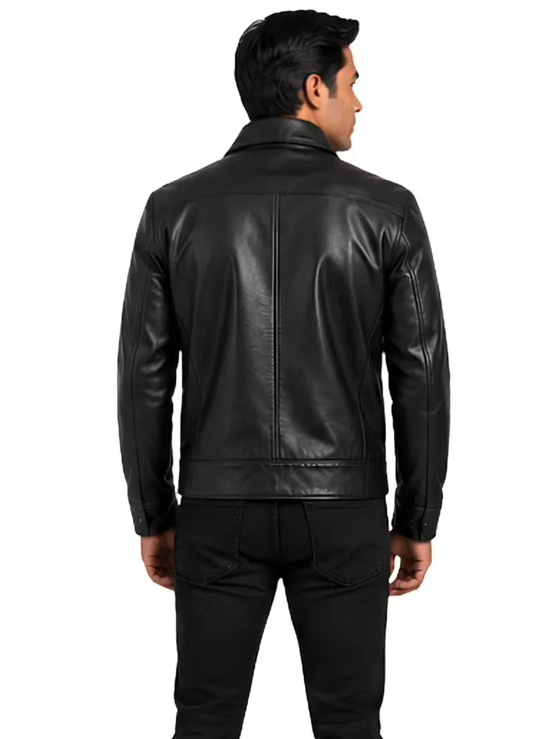 Men's black sheepskin leather shirt jacket, back view