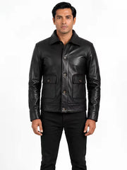Men's black sheepskin leather shirt jacket, front view