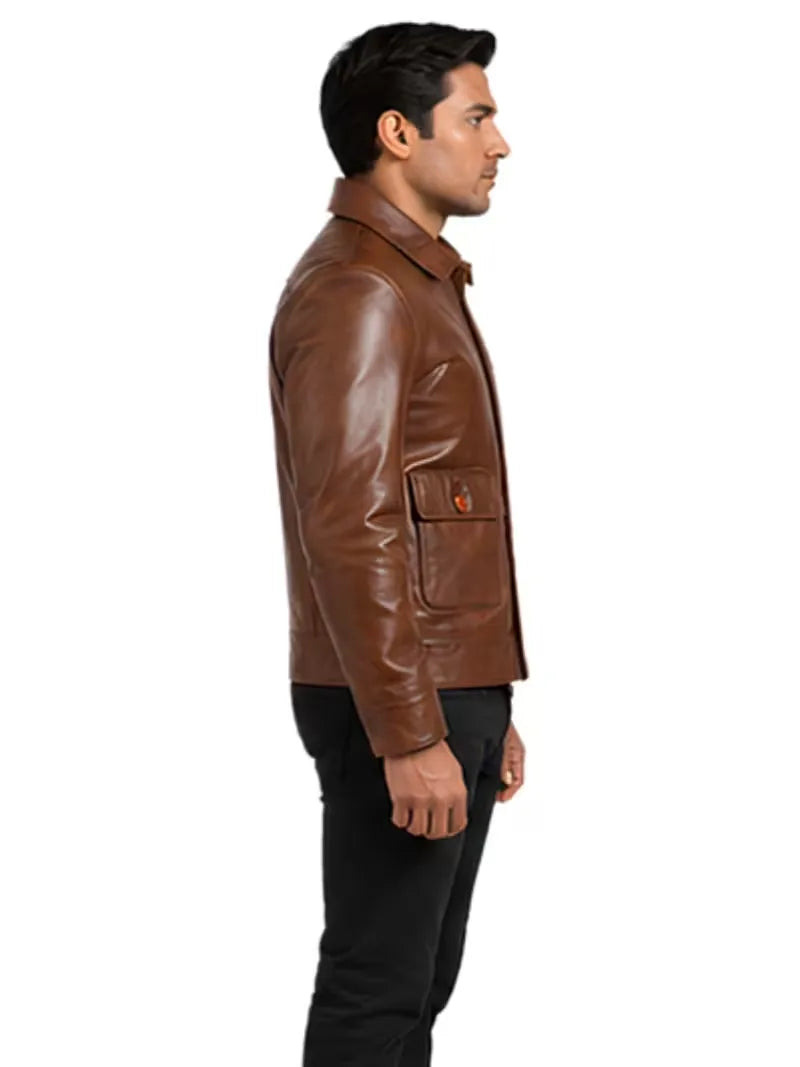 Men's black sheepskin leather shirt jacket, lining detail