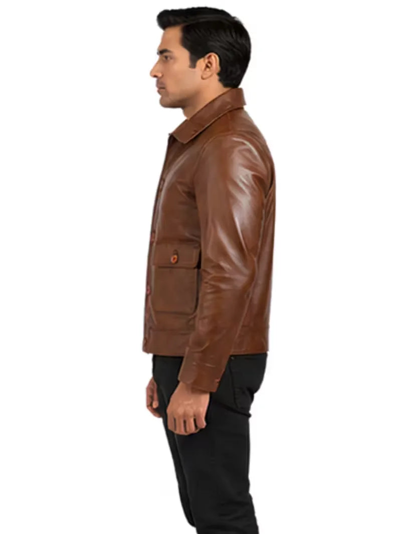 Men's black sheepskin leather shirt jacket, pocket detail