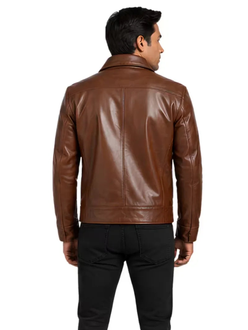 Men's black sheepskin leather shirt jacket, cuff detail