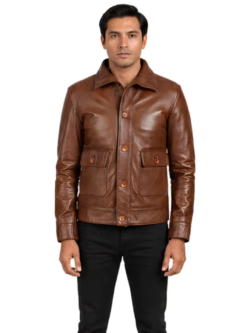 Men's black sheepskin leather shirt jacket, zip and closure detail