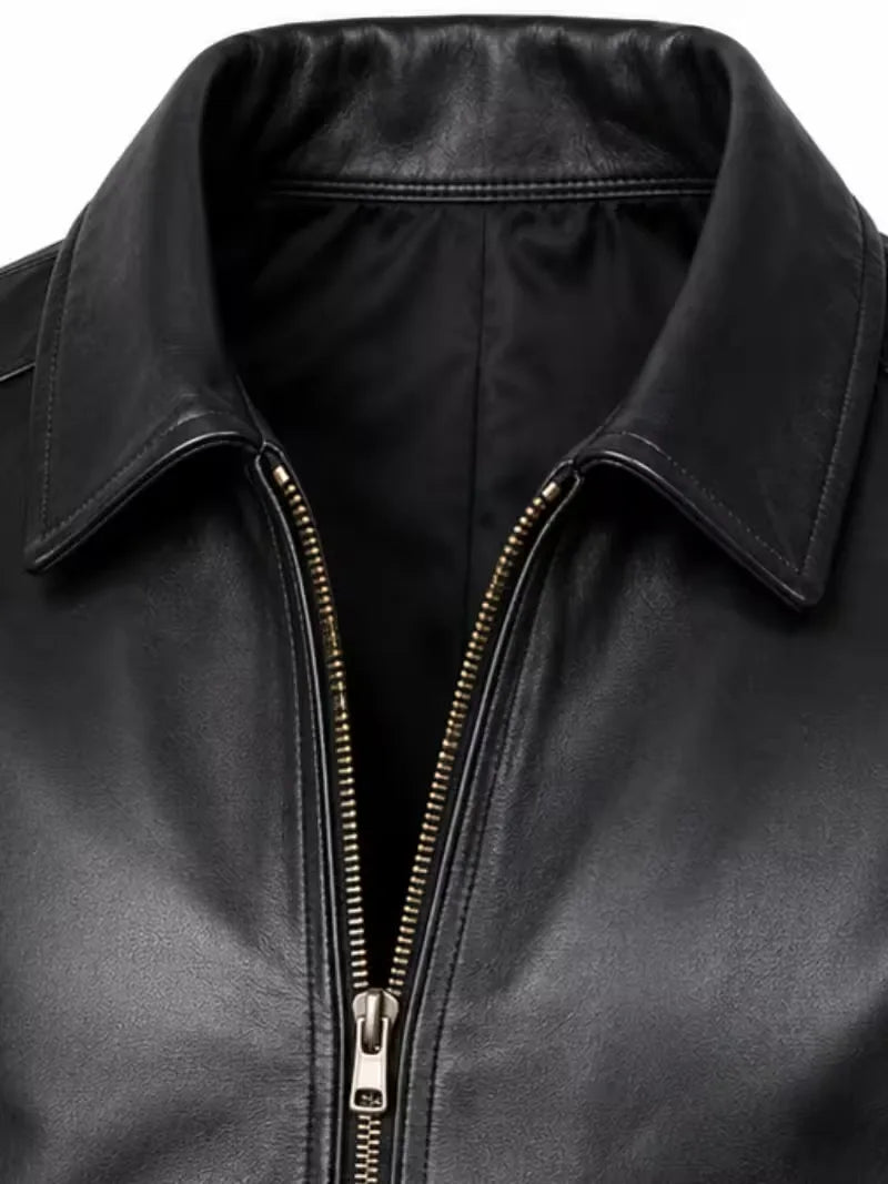 Men's black sheepskin leather shirt jacket, worn on model
