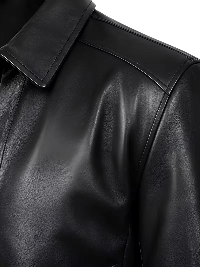 Men's black sheepskin leather shirt jacket, front view