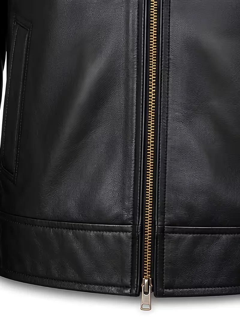 Men's black sheepskin leather shirt jacket, back view