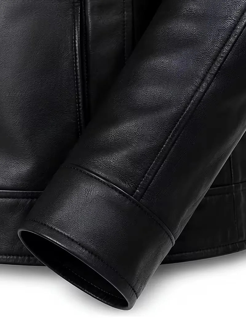 Men's black sheepskin leather shirt jacket, side view
