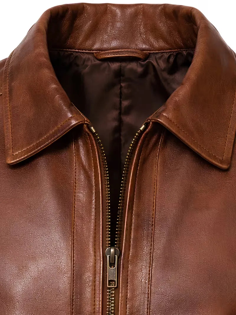 Men's black sheepskin leather shirt jacket, collar detail