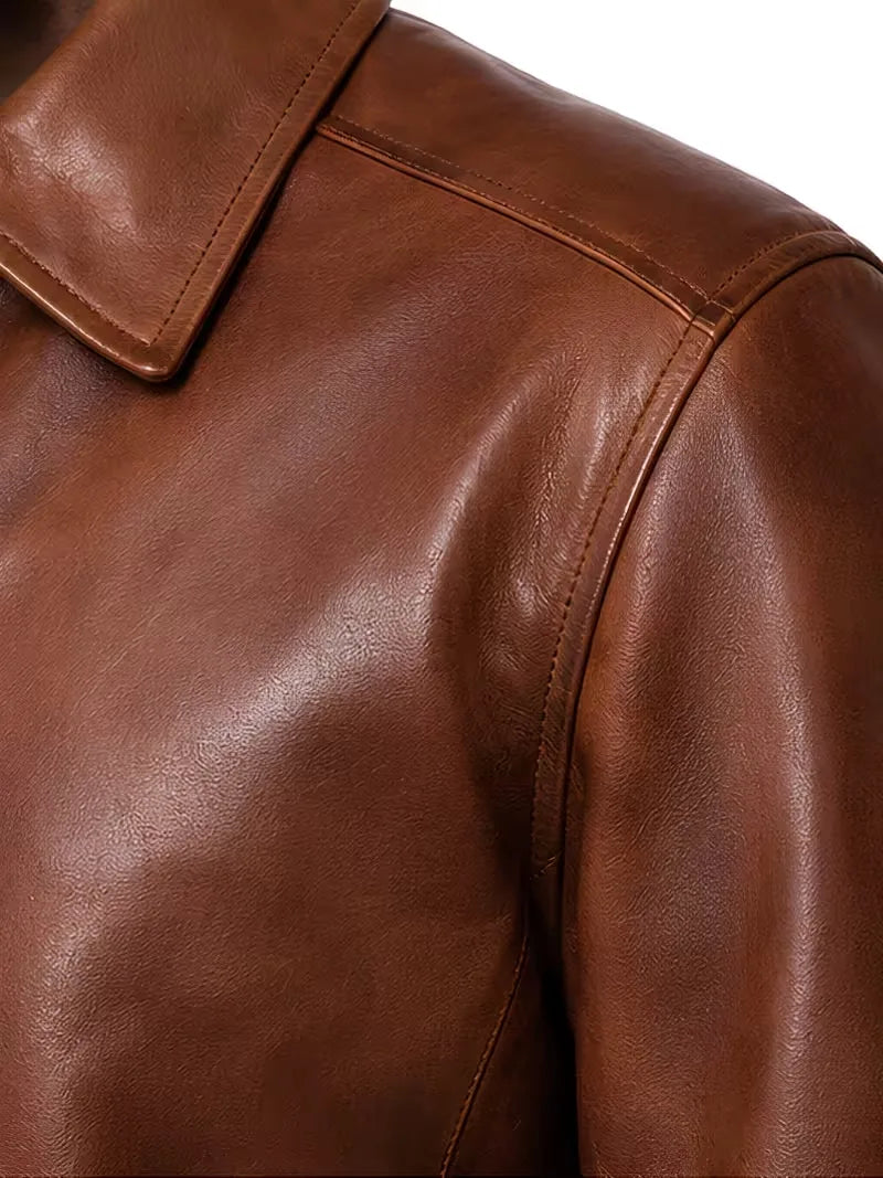 Men's black sheepskin leather shirt jacket, zip and closure detail