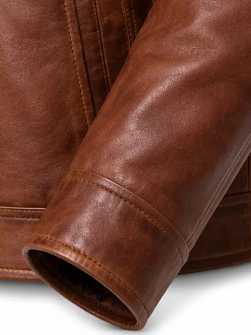 Men's black sheepskin leather shirt jacket, pocket detail