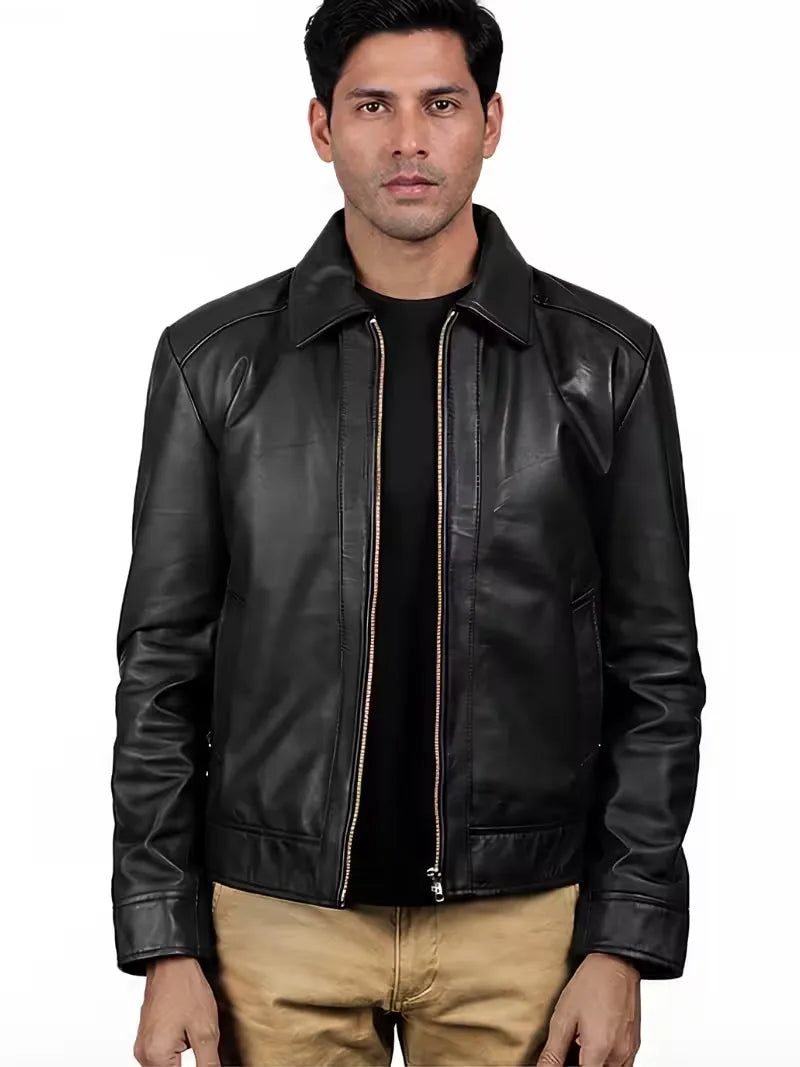 Men's black sheepskin leather shirt jacket, front view