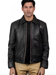 Men's black sheepskin leather shirt jacket, front view
