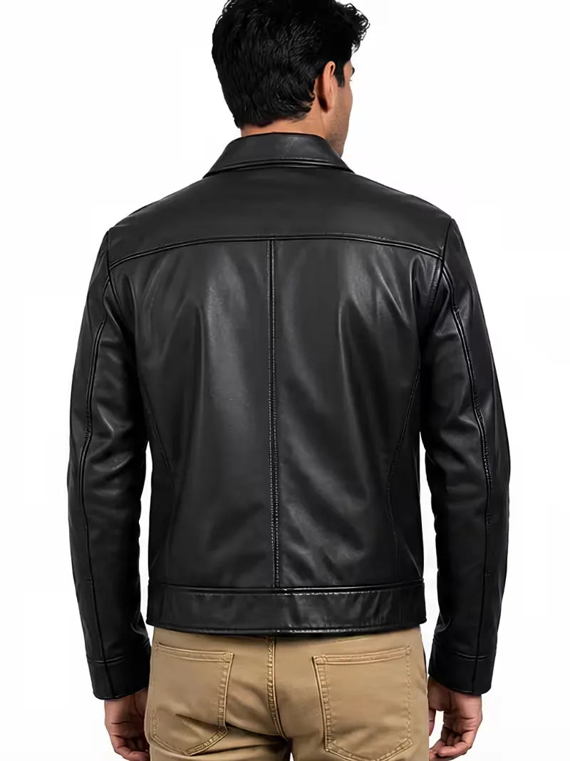 Men's black sheepskin leather shirt jacket, back view