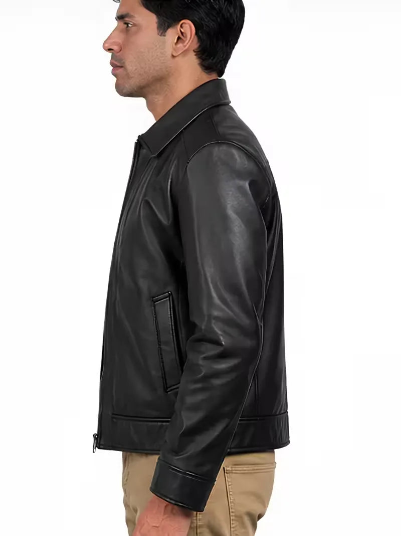 Men's black sheepskin leather shirt jacket, side view
