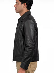 Men's black sheepskin leather shirt jacket, side view