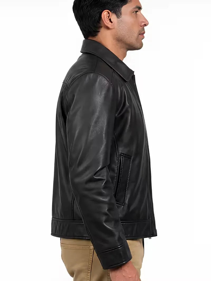 Men's black sheepskin leather shirt jacket, collar detail
