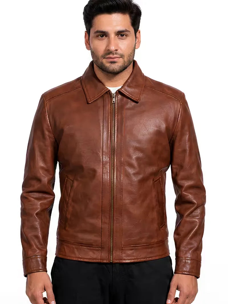 Men's black sheepskin leather shirt jacket, zip and closure detail