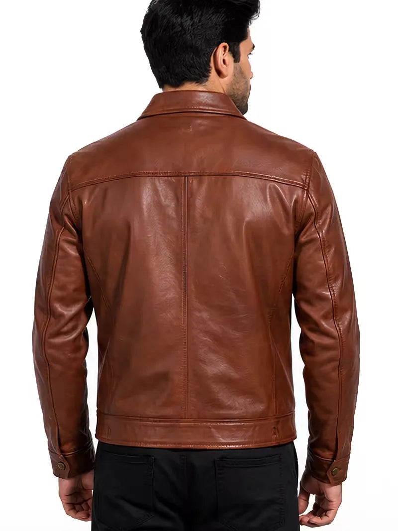 Men's black sheepskin leather shirt jacket, pocket detail