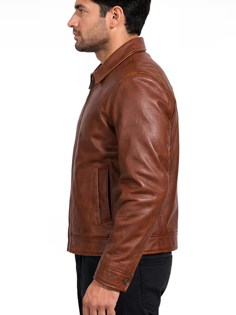 Men's black sheepskin leather shirt jacket, lining detail