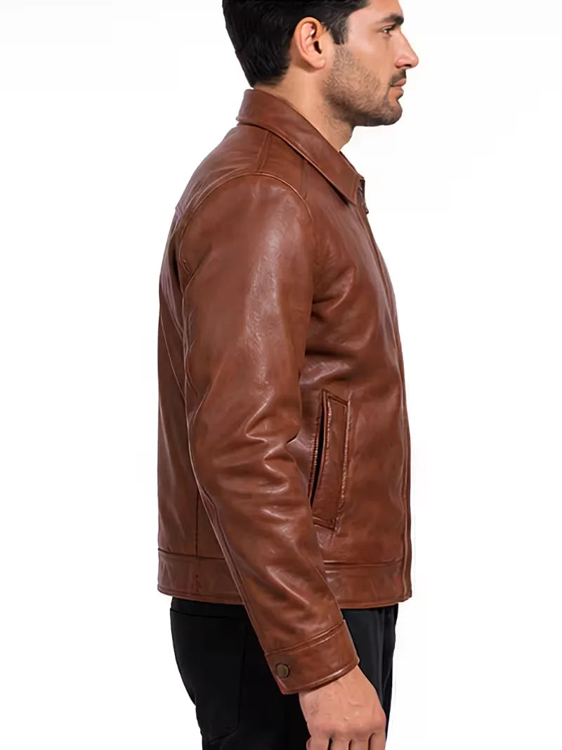 Men's black sheepskin leather shirt jacket, full length
