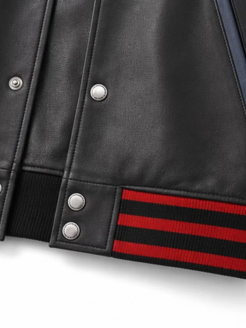 Men's black sheepskin leather jacket, pocket detail