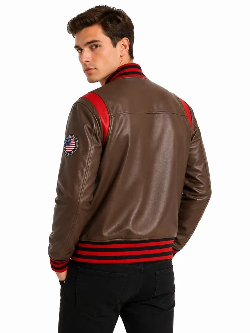 Men's black sheepskin leather jacket, collar detail