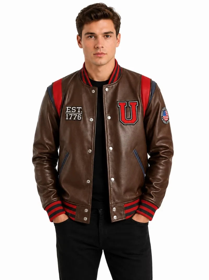 Men's black sheepskin leather jacket, side view