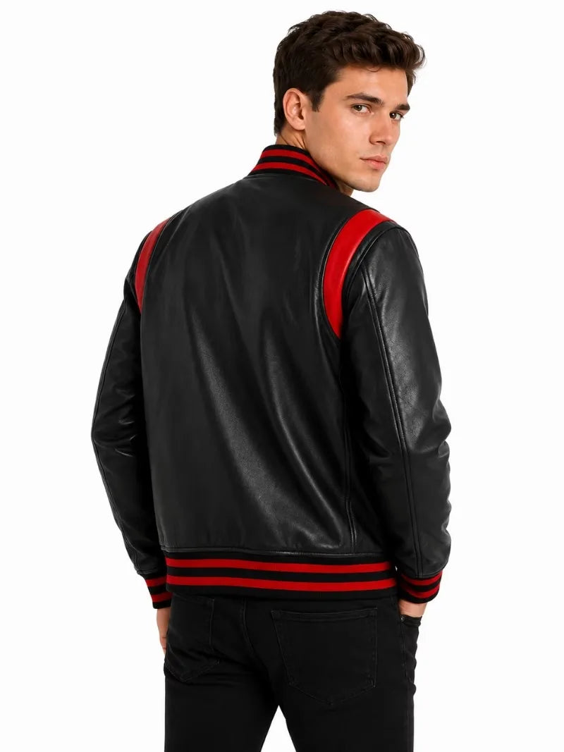 Men's black sheepskin leather jacket, back view