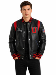 Men's black sheepskin leather jacket, front view